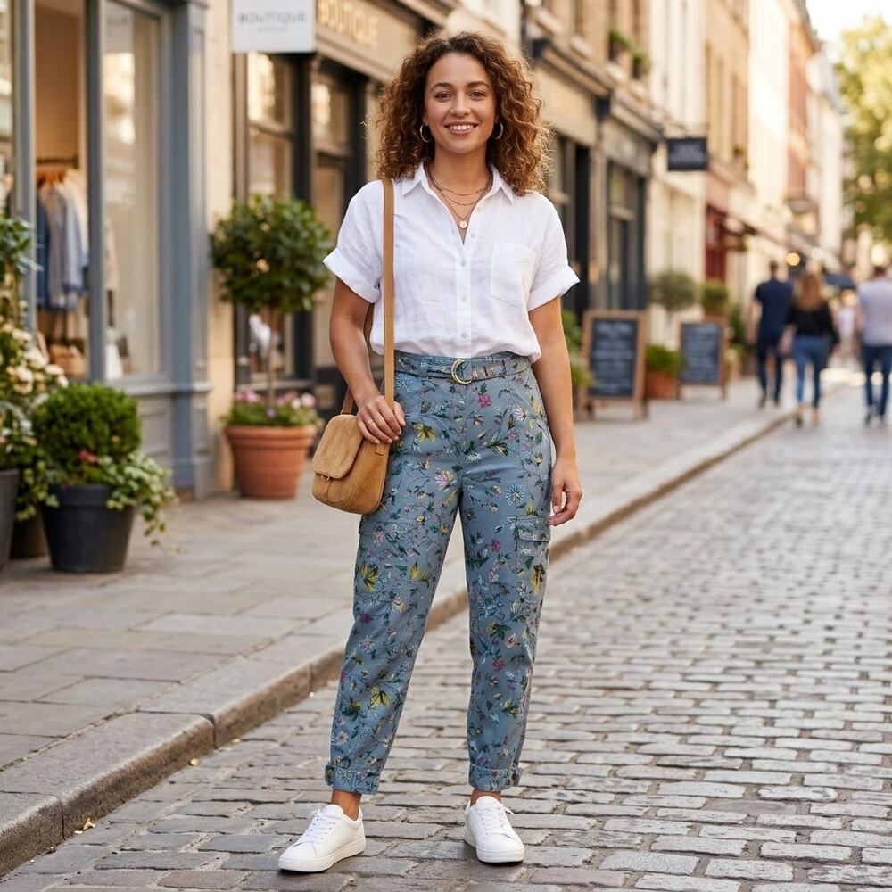 Anthropologie Victoria Floral Cargo Pants Size 6 Blue Utility High Rise Cottage